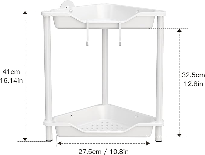Orimade Rustproof 2 Tier Floor Standing Corner Shower Caddy Organizer, Plastic Metal Splicing Floor Corner Shelf Rack Stands for Bathroom, White