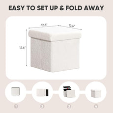 PINPLUS Storage Ottoman Cube Square Shaped Ottomans with Storage Foot Stool Footrest for Lving Room Boucle Ottoman Seat for Dorm Room,Faux Teddy Fur White,12.6