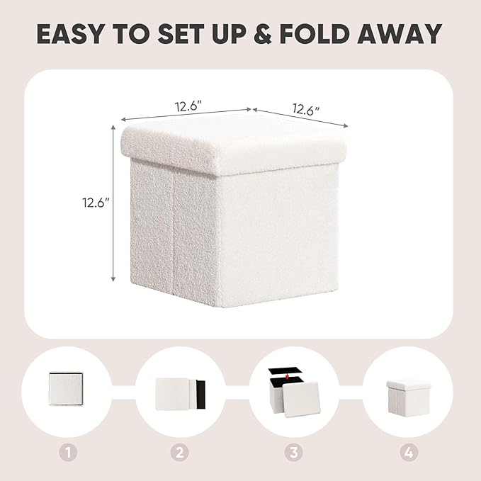 PINPLUS Storage Ottoman Cube Square Shaped Ottomans with Storage Foot Stool Footrest for Lving Room Boucle Ottoman Seat for Dorm Room,Faux Teddy Fur White,12.6"x12.6"x12.6"