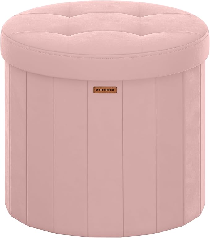 SONGMICS Mazie Collection - Round Storage Ottoman, Folding Footrest Stool with Removable Lid, Easy Assembly, Velvet Vanity Stool for Bedroom, Living Room, Entryway, Jelly Pink ULSF608R01