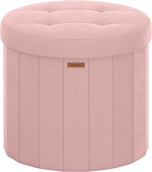 SONGMICS Mazie Collection - Round Storage Ottoman, Folding Footrest Stool with Removable Lid, Easy Assembly, Velvet Vanity Stool for Bedroom, Living Room, Entryway, Jelly Pink ULSF608R01