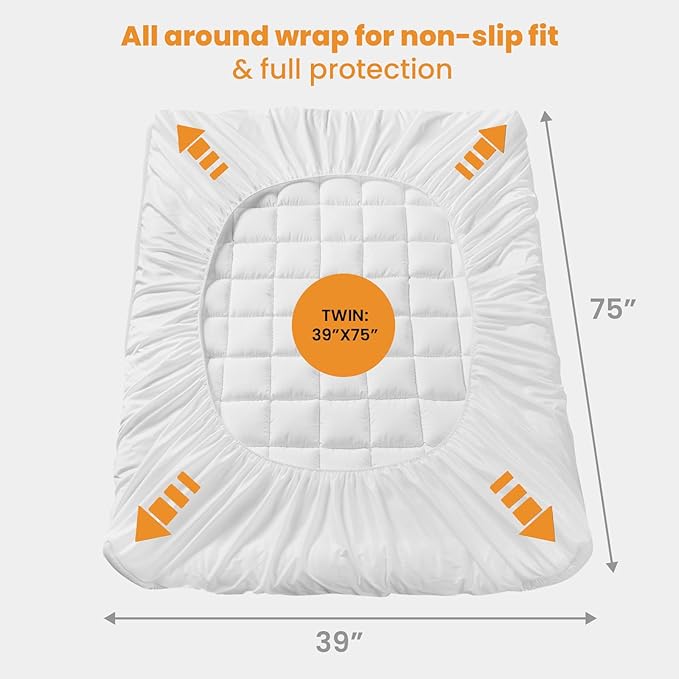 MATBEBY Twin Size Mattress Pad - Cooling Breathable Mattress Topper, Quilted Fitted Mattress Protector, Pillow Top Mattress Cover with 8-21" Deep Pocket, Soft, Machine Washable, White, 39x75 Inches