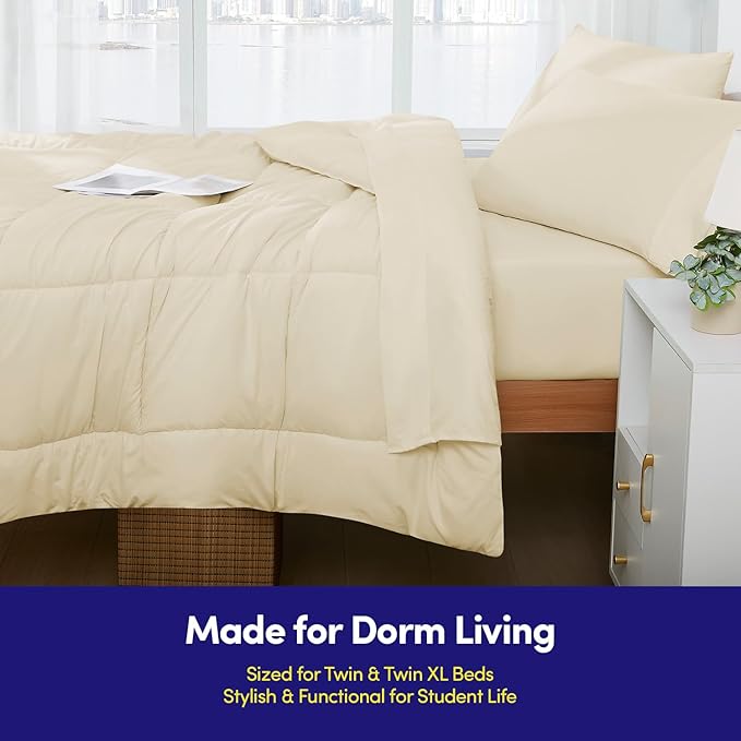 Dorm Room Essentials College Bedding Comforter Set 5 Piece Twin XL Size Bed in a Bag for College Students Boys and Girls, Twin XL, Cream/Beige