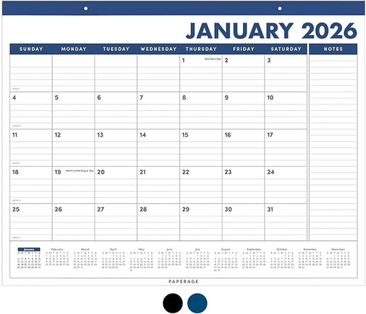 PAPERAGE 2026 Calendar, 12 Months (January 2026 - December 2026), Large (17 in x 22 in), Minimalist Wall and Desk Calendar with Monthly Views, Yearly Plans & Notes Section – Navy