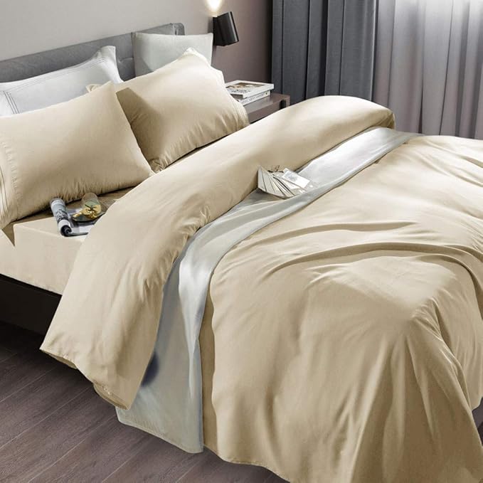 SONORO KATE Bed Sheet Set Super Soft Microfiber 1800 Thread Count Luxury Egyptian Sheets Fit 18-24 Inch Deep Pocket Mattress Wrinkle-4 Piece (Beige, Twin)