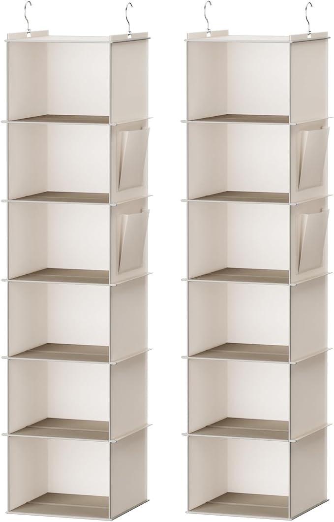 YOUDENOVA Hanging Closet Organizer, 6-Shelf Closet Hanging Storage Shelves, 2 Packs, Beige