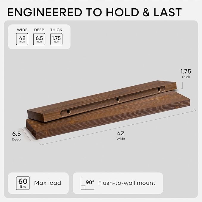 Homeforia Classic Walnut 42 inch Floating Shelf, High End Solid Real Wood Small 42inch Floating Shelves for Wall Mounted, 42in Floating Shelves, Heavy Duty Bracket, 42 X 6.5 X 1.75 inches, Set of 2