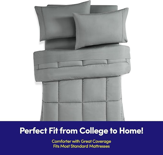 Dorm Room Essentials College Bedding Comforter Set 5 Piece Twin XL Size Bed in a Bag for College Students Boys and Girls, Twin XL, Gray