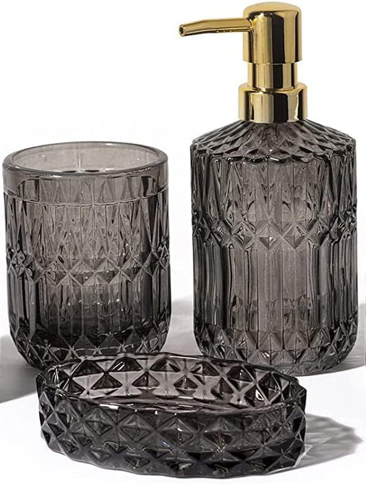 EMPO Bathroom Glass Accessories Set (Lotion Soap Dispenser, Soap Dish, Toothbrush Holder, Tumbler, Cotton Swab Jar) Contemporary Modern Decor Crystal Clear Vintage Gift (3pcs Gray)