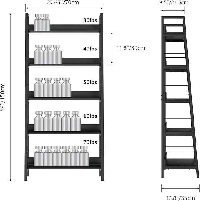 Himimi Black Ladder Bookshelf, 5 Shelf Bookcase Industrial Bookshelf Wood and Metal Bookshelves, Plant Flower Stand Rack Book Storage Shelves for Living Room, Bedroom, Home Office (2 PCS)