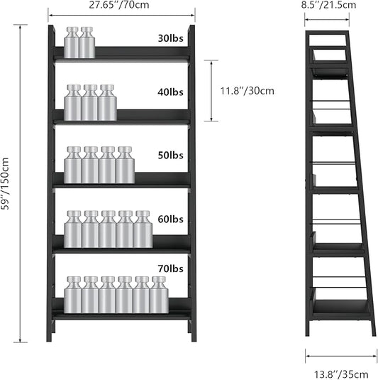 Himimi Black Ladder Bookshelf, 5 Shelf Bookcase Industrial Bookshelf Wood and Metal Bookshelves, Plant Flower Stand Rack Book Storage Shelves for Living Room, Bedroom, Home Office (2 PCS)