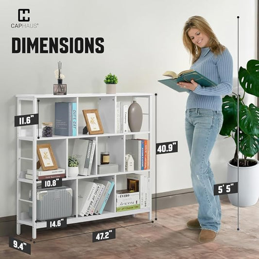 CAPHAUS 10 Cube Storage Organizer, 48” Wide 3 Tier White Industrial Open Shelf Bookcase, Display Shelf, Horizontal Bookshelf with Metal Frame, Wooden Board, for Living Room, Bedroom, Office