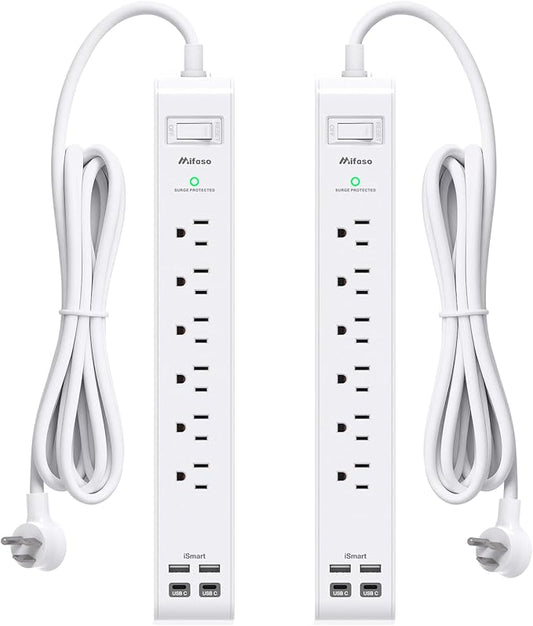 2 Pack Power Strip, 15FT Long Extension Cord, Surge Protector with 6 Outlets and 4 USB Charging Ports(2 USB C), Flat Plug Overload Protection, Wall Mount for Home Office Dorm College