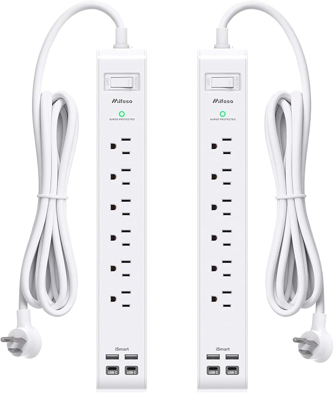 2 Pack Power Strip, 12FT Long Extension Cord, Surge Protector with 6 Outlets and 4 USB Ports (2 USB C), Flat Plug Overload Protection, Extension Cord 10+ ft, Wall Mount for Home Office Dorm College