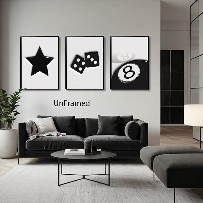 Black And White Dice Canvas Wall Art Set Of 3,Funky Retro Y2k 8 Ball Wall Decor Paintings, Funky Lucky Preppy Posters Prints Pictures For Game Room Apartment Dorm Teenager Room 12x16in Unframed