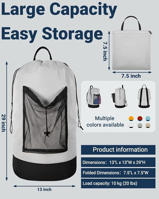 Laundry Bag with Shoulder Straps and Mesh Pocket Laundry Backpack Large Portable Laundry Hamper for College Laundromat Apartment
