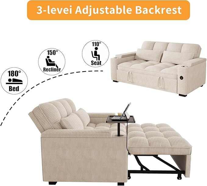 65" Sofa Bed, Loveseat 3-in-1 Sleeper Sofa with Pull Out Bed, 360° Swivel Side Table and USB, 2 Seater Convertible Small Couch for Living Room Apartment (Beige, Corduroy)