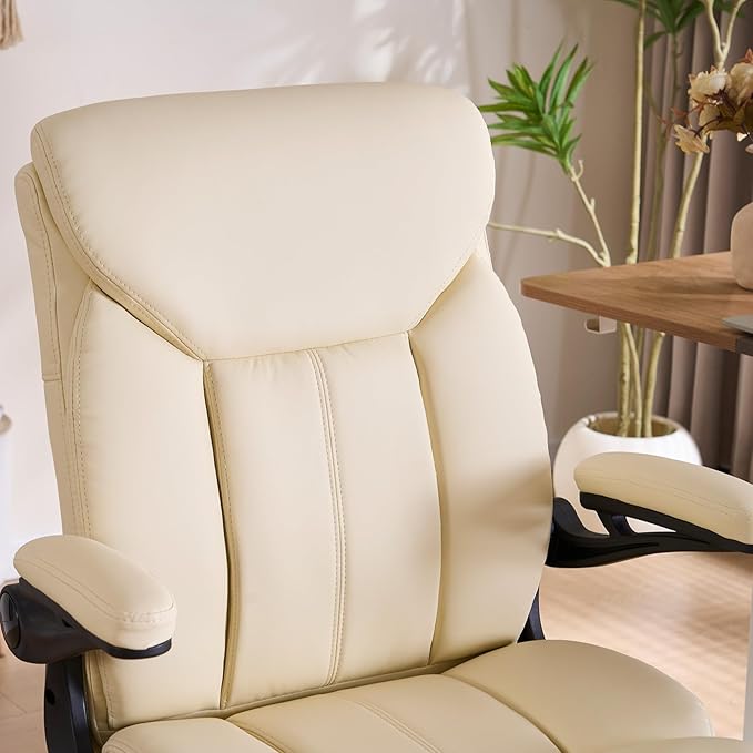 Office Chair, Ergonomic Computer Chair with Flip-up Arms Home Desk Chairs Comfy PU Leather Executive Mid Back Support Adjustable Height Tilt Lock Swivel Rolling Wheels, Beige