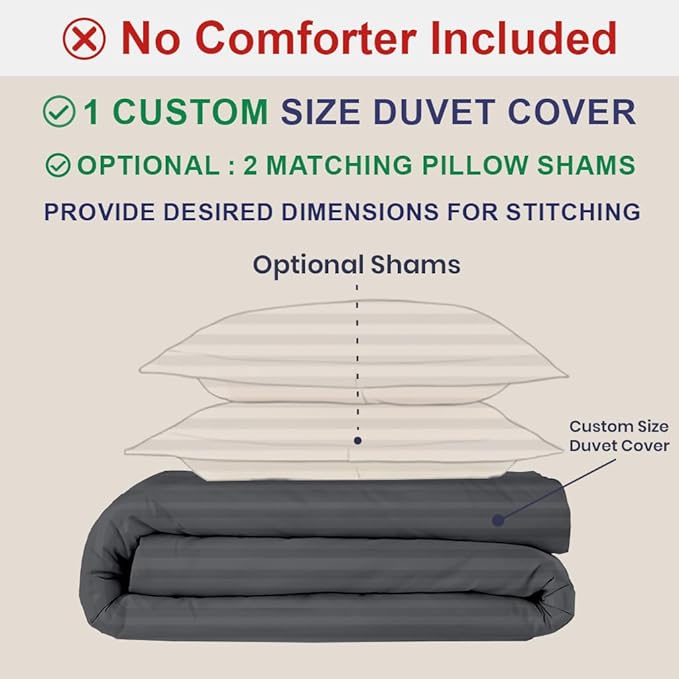 Kotton Culture Custom Duvet Cover - 100% Egyptian Cotton Sateen 600 Thread Count Soft Breathable Customizable Comforter Cover(Desired Dimensions)- Zipper Closure & 7 Internal Ties - Striped Dark Grey