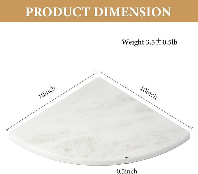 Koville Namibia White Marble Corner Shower Shelf for Bathroom, 10'' Polished Marble Corner Shelves, Wall Mounted Stone Corner Shower Caddy, No Drilling Adhesive Shelf - 1 Layer(No Glue Included)