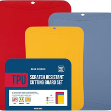 Blue Ginkgo TPU Cutting Mats [Set of 3] – Korean-Made Flexible, Knife-Friendly, Durable Kitchen Cutting Boards (Red, Blue, Yellow)