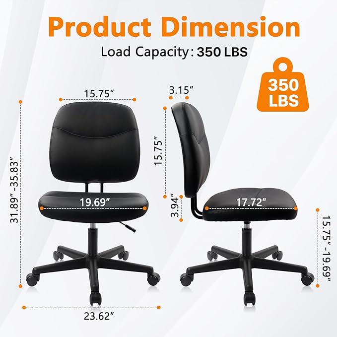 CLATINA Armless Home Office Chair, Small PU Leather Ergonomic Low Back Desk Chair with Lumbar Support and Wheels, Adjustable Height 360° Swivel Rolling Computer Task Chair, Black, 6 Pack