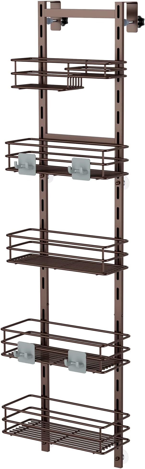 Orimade Over the Door Shower Caddy Adjustable 5 Tier Bronze,Bathroom Hanging Organizer Shelf Rustproof with 4 Hooks,Shower Basket with Soap Holder and Suction Cup