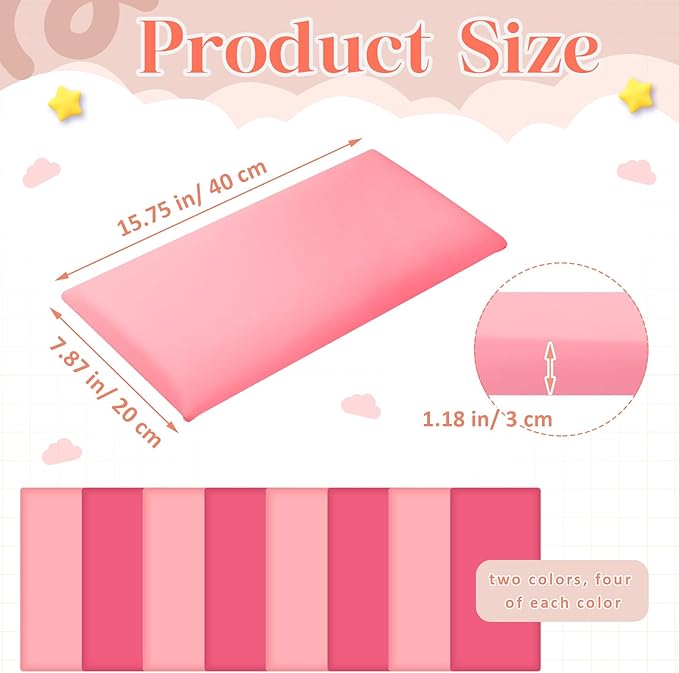8 Pack Wall Padding for Playroom Peel and Stick Headboard 15.75" x 7.87" x 1.18" 3D Anti Collision Upholstered Wall Panels Self Adhesive Headboard Panel for Protection (Rose Pink Colors)