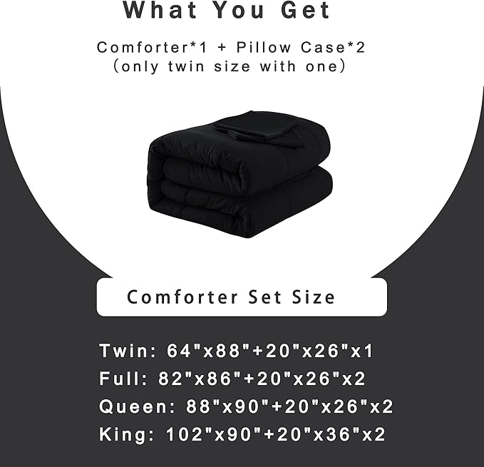 DOWNCOOL Queen Comforter Set -All Season Queen Bed Set with 2 Pillow Cases-3 Pieces Bedding Sets Queen -Down Alternative Black Queen Size Comforter Sets(88"x92")