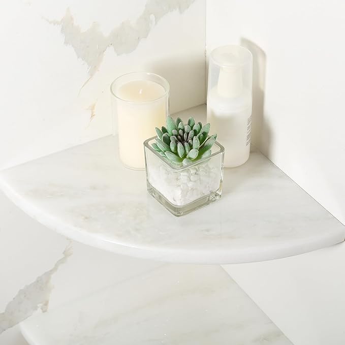 Koville Namibia White Marble Corner Shower Shelf for Bathroom, 10'' Polished Marble Corner Shelves, Wall Mounted Stone Corner Shower Caddy, No Drilling Adhesive Shelf - 1 Layer(No Glue Included)
