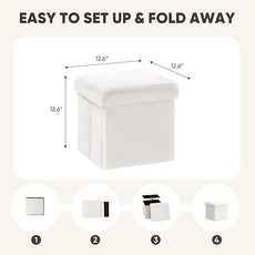 PINPLUS Storage Ottoman Cube Square Shaped Ottomans with Storage Foot Stool Footrest for Lving Room Boucle Ottoman Seat for Dorm Room,Faux Teddy Fur, White,11.8