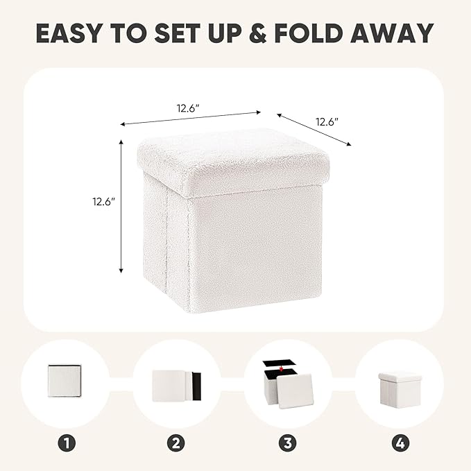 PINPLUS Storage Ottoman Cube Square Shaped Ottomans with Storage Foot Stool Footrest for Lving Room Boucle Ottoman Seat for Dorm Room,Faux Teddy Fur, White,11.8"x11.8"x11.8"