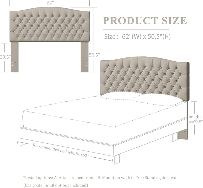 Velvet Upholstered Headboard Queen/Full Size Latest Model Wall Mount, Bed Frame Mount, Featuring High-Density Sponge Padding, Luxury Texture Easy Assembly Comfort and Style-Taupe