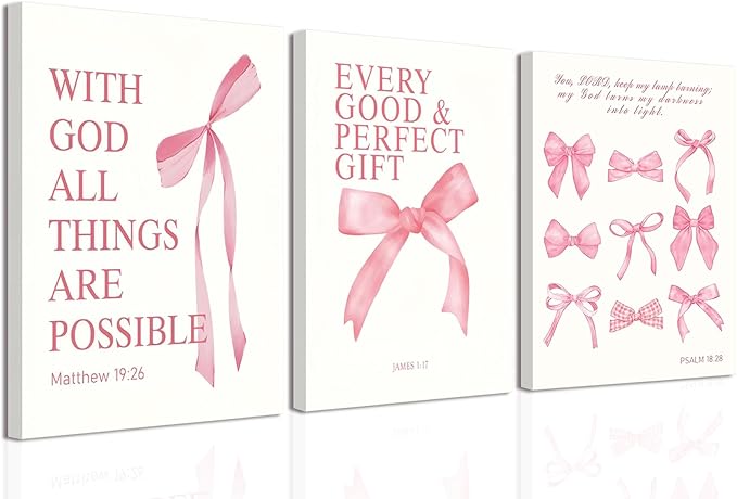 3 Pcs Coquette Pink Bow Canvas Wall Art Inspirational Bible Verses Bow Posters Wall Decor Pink Bow Room Pictures Prints Aesthetic for Girls Room Living Room Bedroom Bathroom Dorm 12x16 Inch Framed