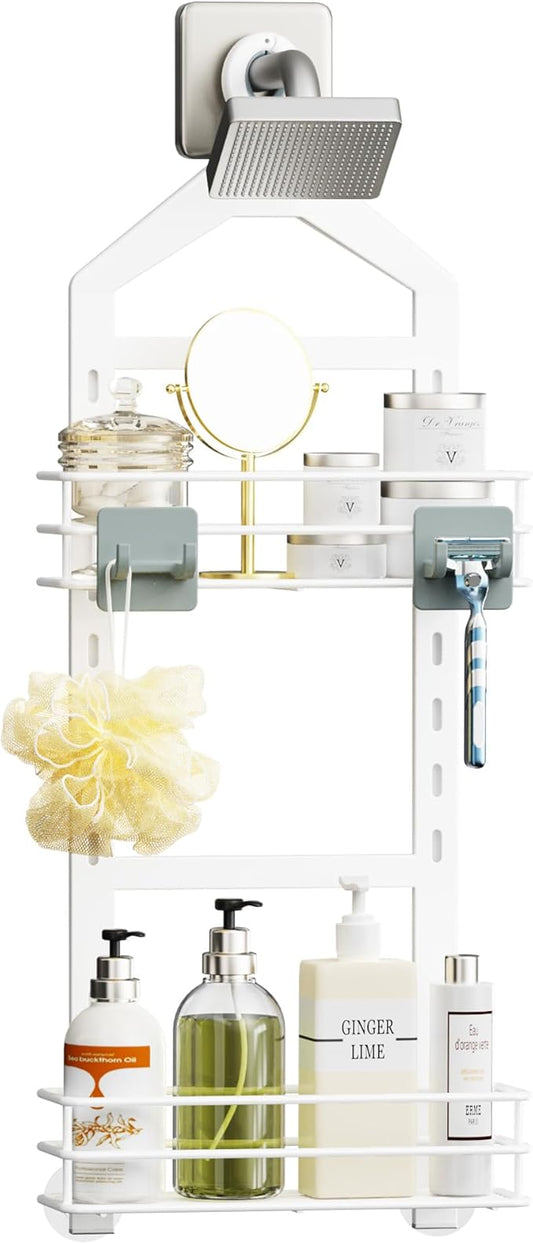 Orimade Adjustable Anti-slip Shower Caddy over Shower Head, Rustproof Bathroom Hanging Shower Organizer with 2 Hooks for Razor, No Drilling Shelves Storage Rack 2 Tier, White