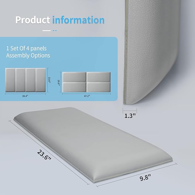 Art3d Peel and Stick Headboard for Twin in Grey, Pack of 4 Panels Sized 9.85" x 23.62", 3D Wall Panel, Upholstered