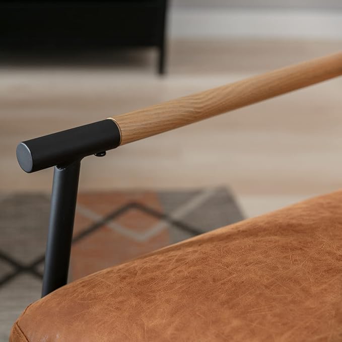 Mid-Century Accent Chair Set of 2, Soft Armchair PU Leather Lounge Chair with Black Metal Legs, Upholstered Leisure Chair for Living Room Bedroom Reception Room, Brown