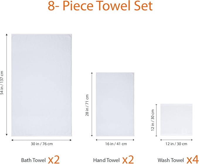 Amazon basics 100% cotton Lightweight quick-dry bath towel set, 8-piece, white, 10" x 7"