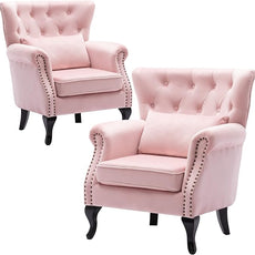 Set of 2 Mid Century Modern Accent Chair for Living Room, Velvet Armchair with Tufted Back and Wood Legs, Upholstered Lounge Armchair Single Sofa for Bedroom, Light Pink