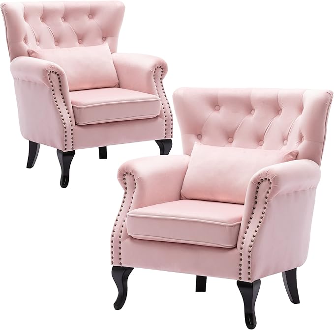 Set of 2 Mid Century Modern Accent Chair for Living Room, Velvet Armchair with Tufted Back and Wood Legs, Upholstered Lounge Armchair Single Sofa for Bedroom, Light Pink