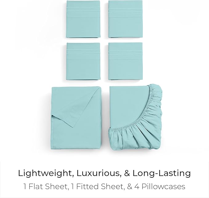 Mellanni Queen Sheet Set - 6-Piece Iconic Collection Bedding, (Including 4 Pillowcases), 16-Inch Deep Pocket, Easy Care, Extra Soft, Cooling Sheets, Brushed Microfiber - Aqua