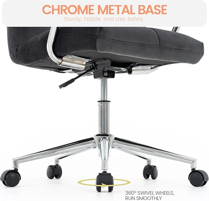 Velvet Home Office Desk Chair, Upholstered Adjustable Swivel Task Chair with Wheels, Tufted Mid-Back Computer Chair with Arms, for Study Living Room Vanity (Dark Grey)
