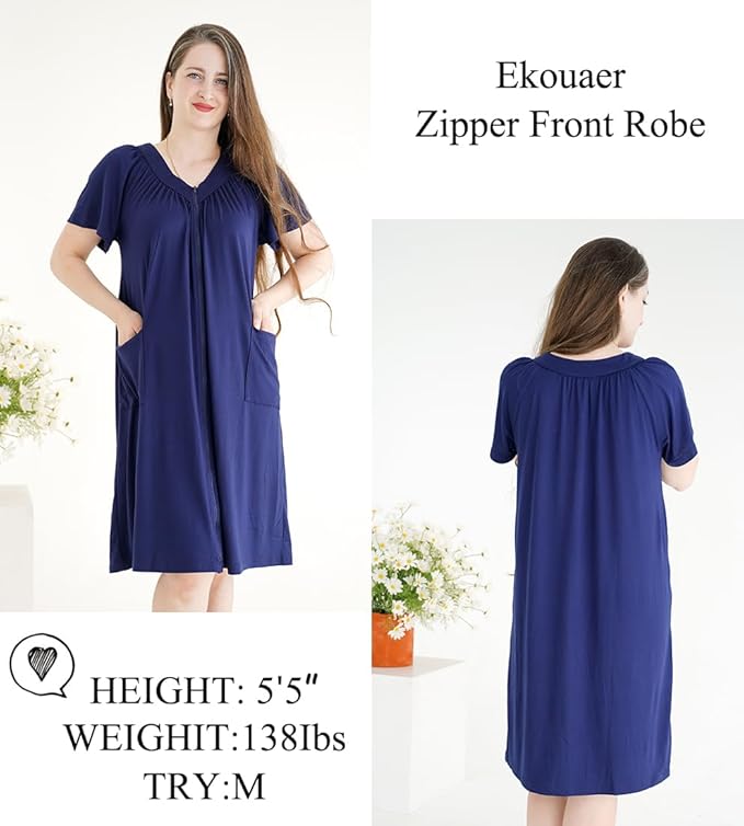 Ekouaer Women Robe Zipper Front Mumu Duster Robes Zip Up Housecoat Soft Sleepwear with Pockets
