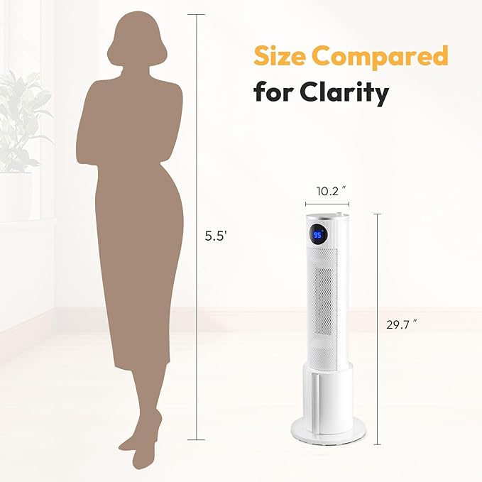 Space Heater with Humidifier - Portable Tower Heater for Indoor Use with 1L Water Tank, Space Heater Large Room, Office, Bedroom, Oscillation, 3 Heating Modes, 12H Timer, Tip-over Protection