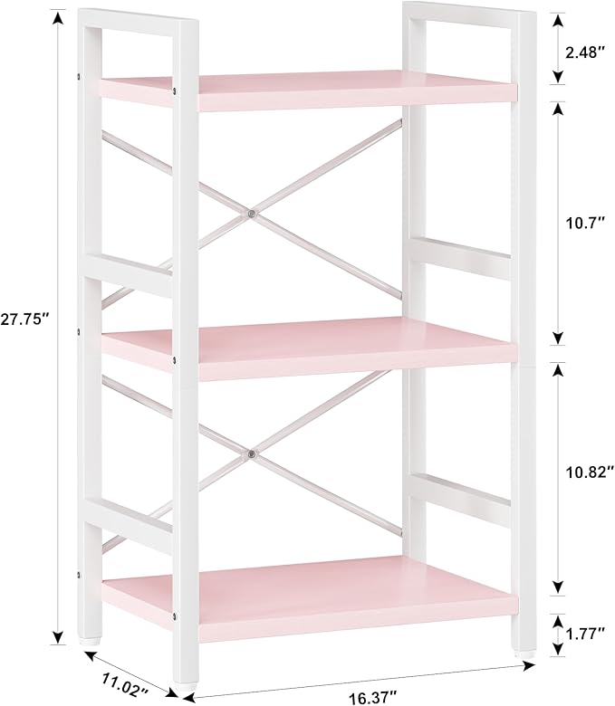 Homeiju Pink Bookshelf, 3 Tier Industrial Bookcase, Metal Small Bookcase, Rustic Etagere Book Shelf Storage Organizer for Living Room, Bedroom, and Home Office(Pink) Patent Pending D29873033