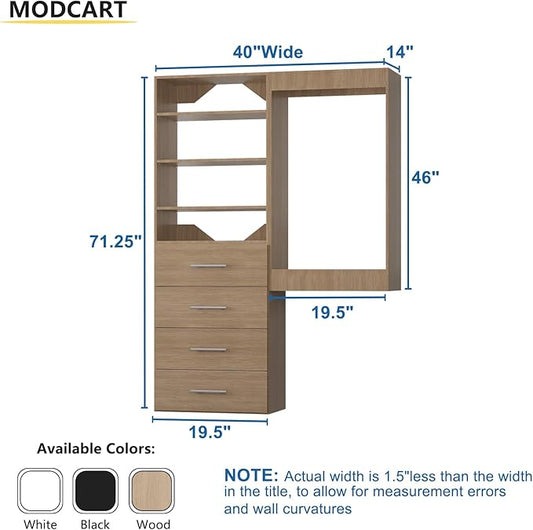 Modular Closet System, 40" Wide Closet Organizer System with Tower and Drawers, Wood Tower Closet Storage for Walk In Closets, Wall Mounted Wardrobe Organizer Kit System, Bedroom, Wood
