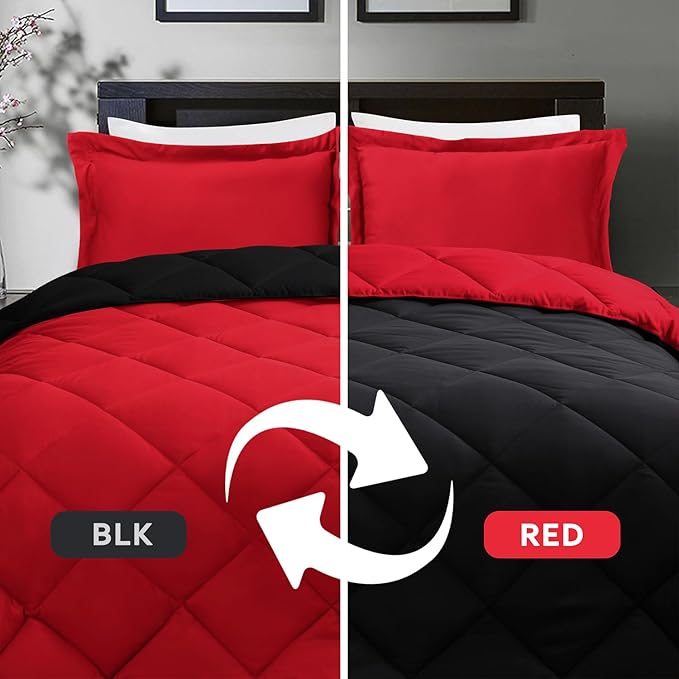 HIG 3pc Red Twin/Twin XL Comforter Set - All Season Reversible Down Alternative Comforter with Sham - Quilted Duvet Insert with Corner Tabs - Diamond Stitched Blanket - Breathable, Soft, Fluffy