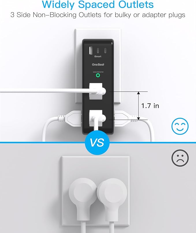 Surge Protector Outlet Extender with Rotating Plug, 6 AC Multi Plug Outlet with 3 USB Ports (2 USB C), 1800 Joules, 3-Sided Swivel Power Strip with Spaced Outlet Splitter for Home, Office, Dorm, Black