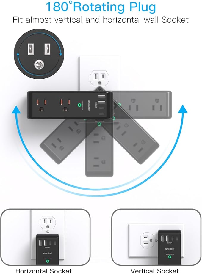 Surge Protector Outlet Extender - with Rotating Plug, 6 AC Multi Plug Outlet with 4 USB Ports (2 USB C), 1800 Joules, 3-Sided Swivel Power Strip with Spaced Outlet Splitter for Dorm, Office, Black