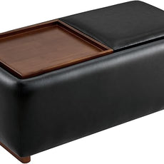 CHITA Storage Ottoman with Tray Lids, FSC Certified Small Rectangular Bench for Living Room, Bedroom, Faux Leather in Black (Light)